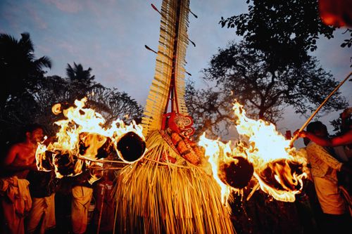 Free A vibrant ceremonial fire ritual showcasing traditional attire and flames at night, set against a lush background. Stock Photo