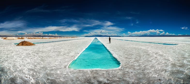 Vast expanse of Salinas Grandes salt flats with a stunning blue sky and reflective water.