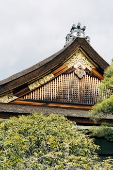 Close-up of ornate traditional Japanese temple roof in Kyoto, Japan.