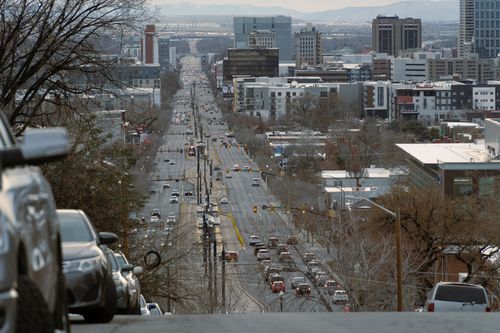 Free Aerial view of a bustling street in Salt Lake City, showcasing urban life and architecture. Stock Photo
