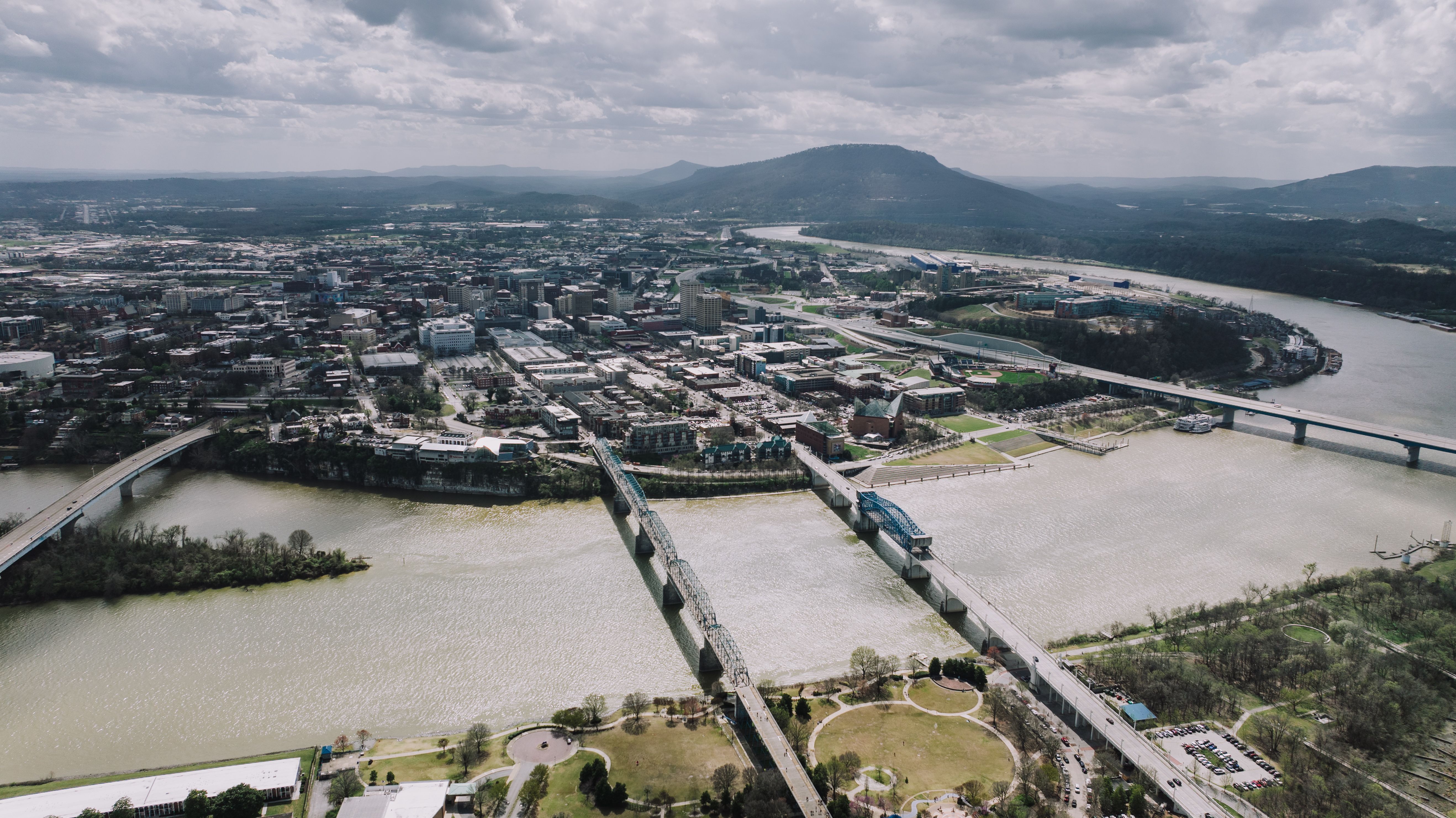 Best Douglas Lake View Scenic Helicopter Tour Review: A 6-Minute Flight Over Tennessee's Hidden Gem Review 2026 - Stunning aerial view of Chattanooga, Tennessee with the Tennessee River and bridges.