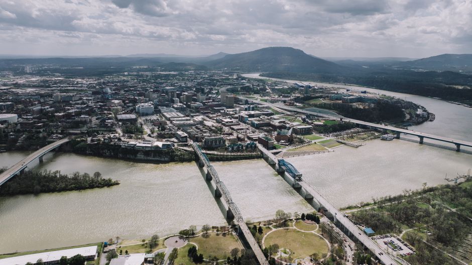 Best Douglas Lake View Scenic Helicopter Tour Review: A 6-Minute Flight Over Tennessee's Hidden Gem Review 2026 - Stunning aerial view of Chattanooga, Tennessee with the Tennessee River and bridges.