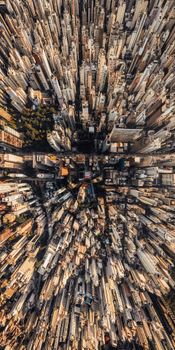 Stunning aerial photo of dense urban area with tall skyscrapers.