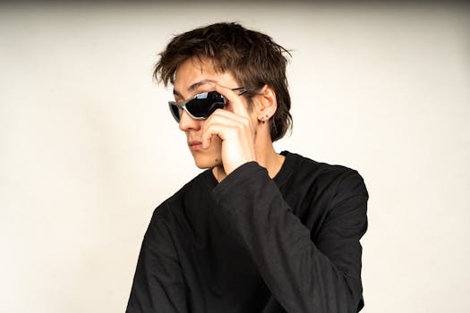 Modern portrait of a young adult wearing black sunglasses and a dark shirt, exuding style and confidence.
