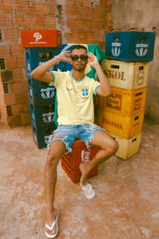 A stylish young man poses in front of Ambev and Skol beer crates, showcasing urban culture.