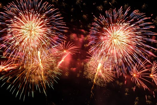 Bright fireworks bursting in a colorful night sky celebration.