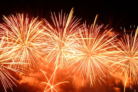 Bright orange fireworks exploding against the night sky, capturing a festive celebration.