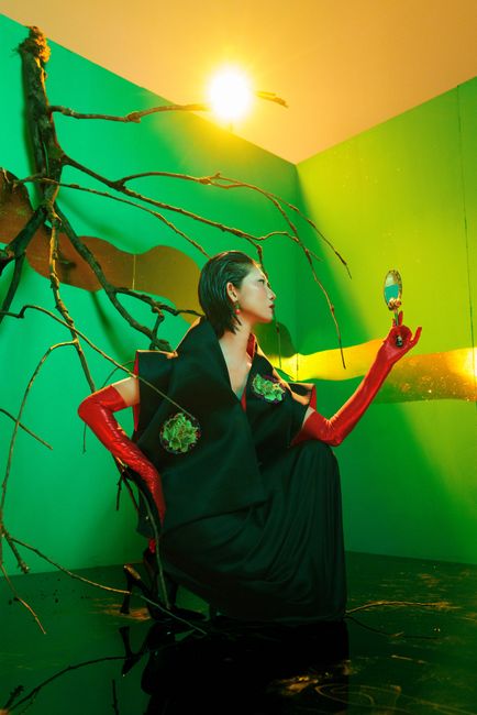 A dramatic high-fashion editorial with a surreal, Japanese-inspired theme.