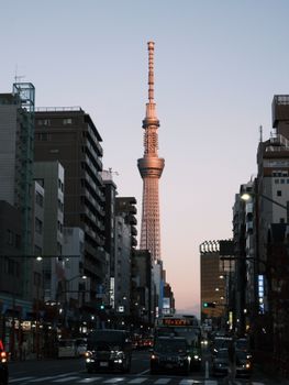Stunning view of Tokyo Skytree during twilight, with bustling city life below.