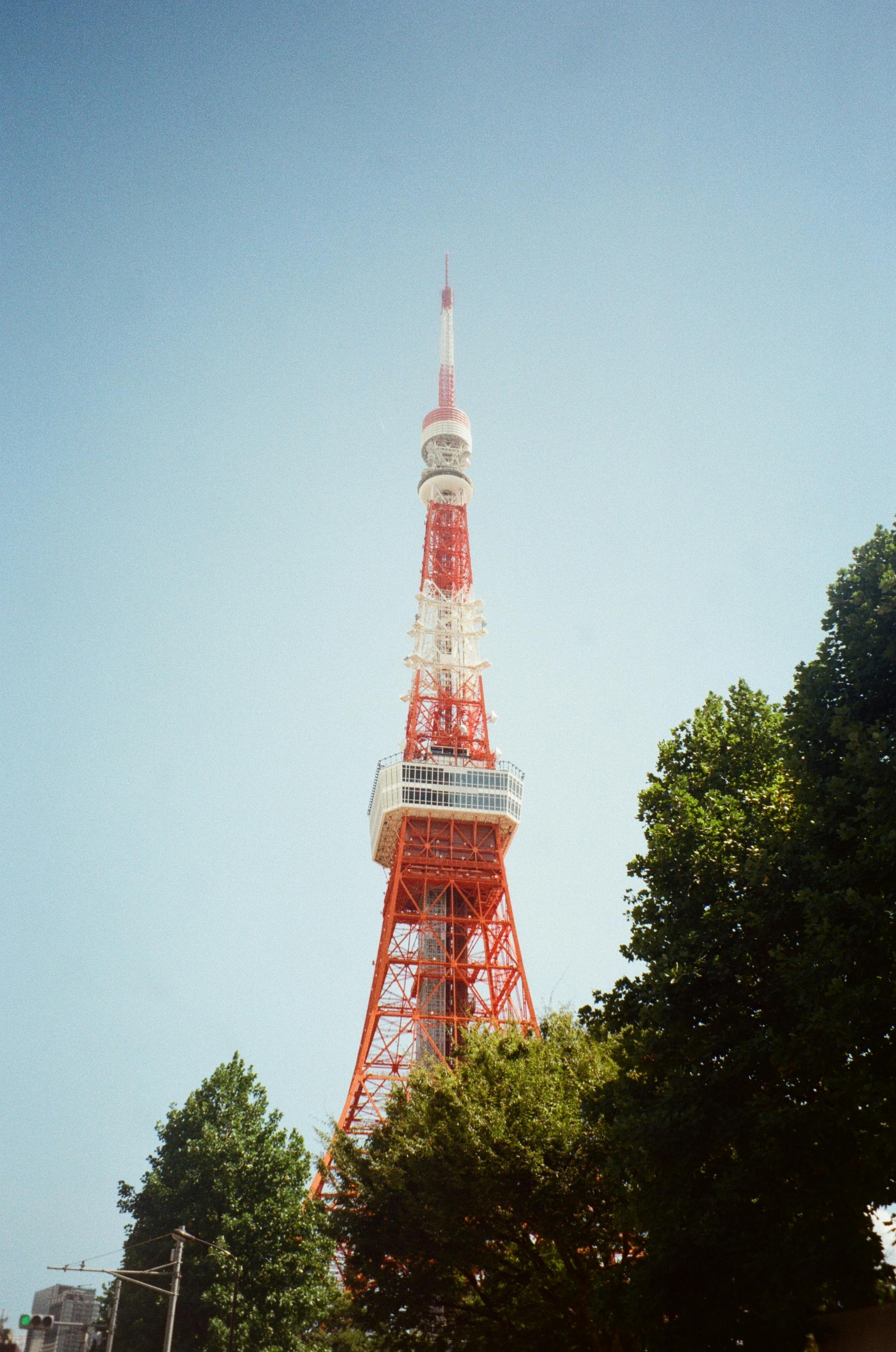 Stunning view of Tokyo Tower amidst lush greenery and clear skies in Minato City, Tokyo.
