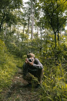 Photographer crouching in a lush green forest capturing nature's beauty.