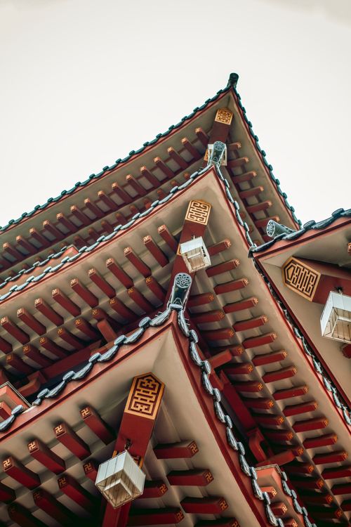 Free Close-up view of a traditional Asian temple roof with intricate designs. Stock Photo