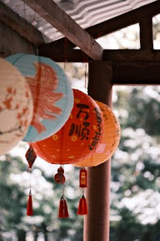 Close-up of colorful Chinese paper lanterns hanging under a roof, featuring traditional patterns and text.