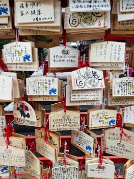 Wooden ema plaques with hand-written wishes at the Fushimi Inari Shrine in Kyoto, Japan.
