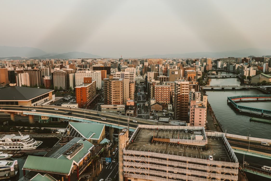 Aerial view of Fukuoka City with the Naka River and Hakata Bay