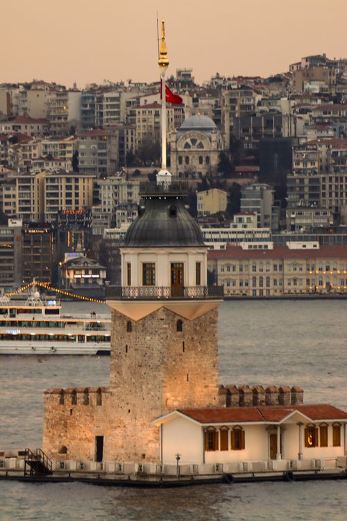 Free View of Maidens Tower with cityscape background, Istanbul, during twilight. Stock Photo