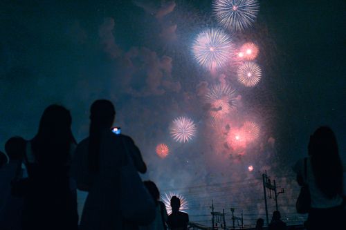 Free Silhouetted group watching colorful fireworks explode in the night sky. Stock Photo