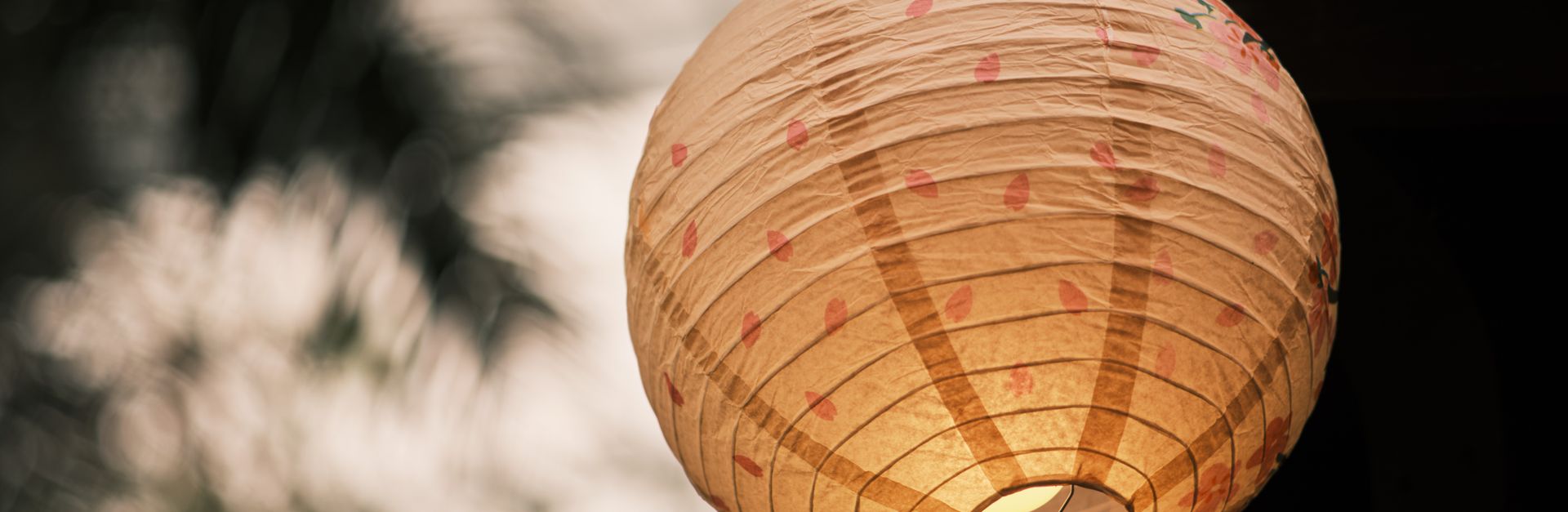 A delicate paper lantern softly illuminated, hanging in an outdoor setting.