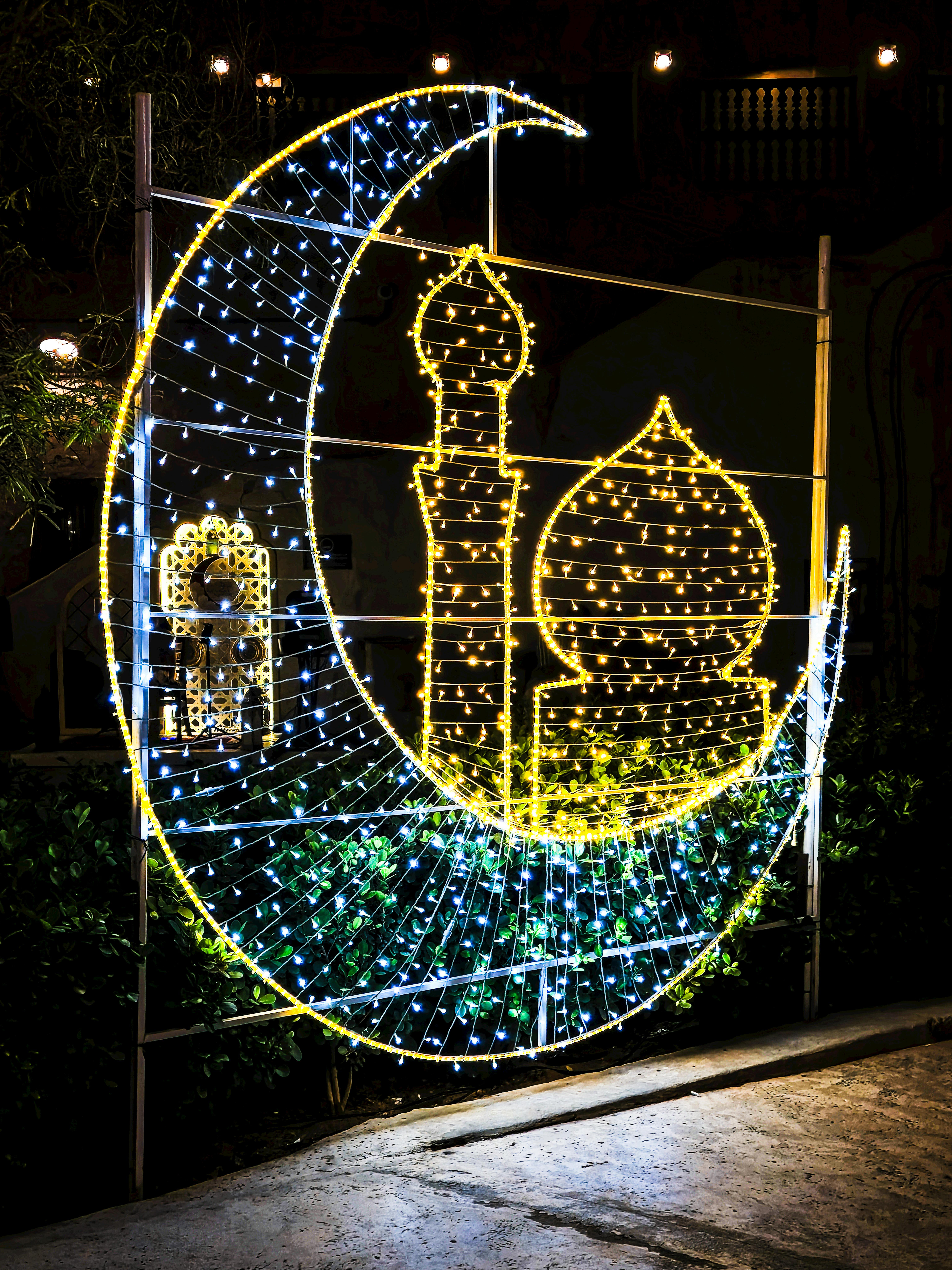 Hari Raya Aidilfitri light-up decorations illuminating Sims Avenue in Geylang Serai Singapore at night