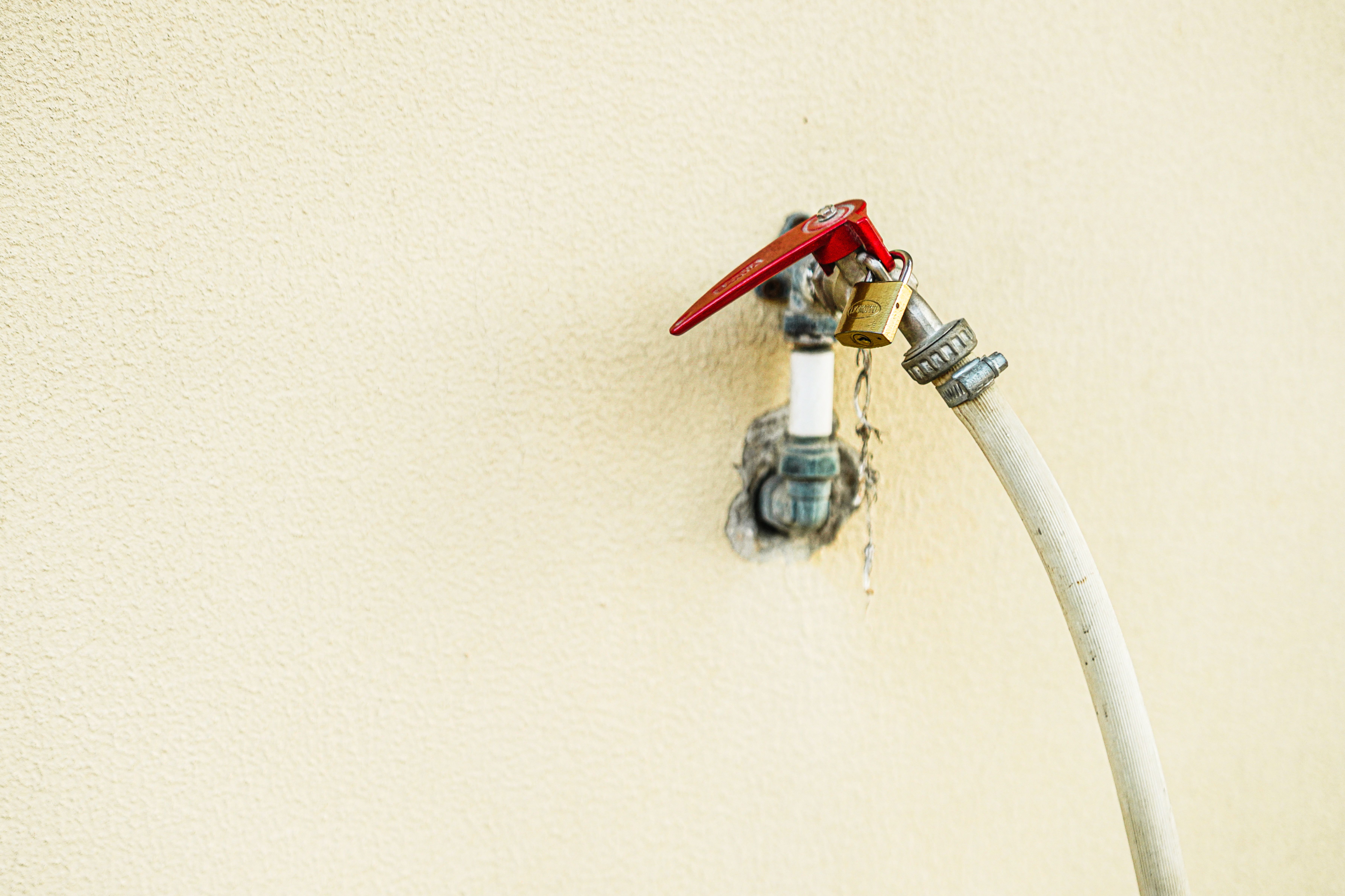 Outdoor hose bibb with ball-valve handle and garden hose connected — checking for winter damage is a spring must-do