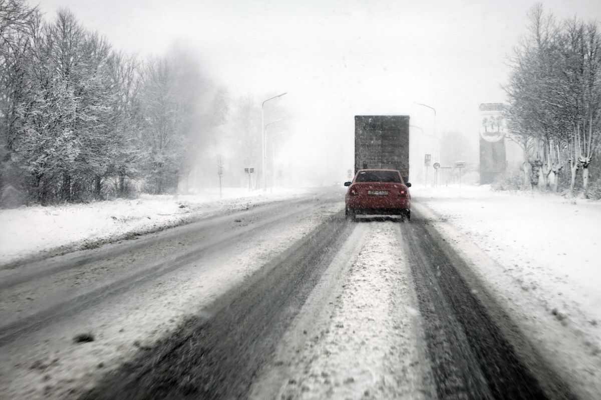 Winter snow squall traffic on the QEW near Grimsby
