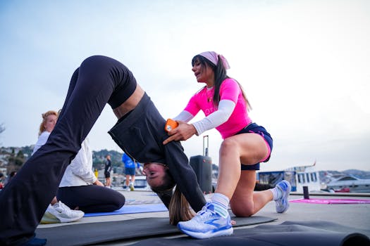 A yoga instructor helps a participant during an outdoor session by the Bosphorus, İstanbul.