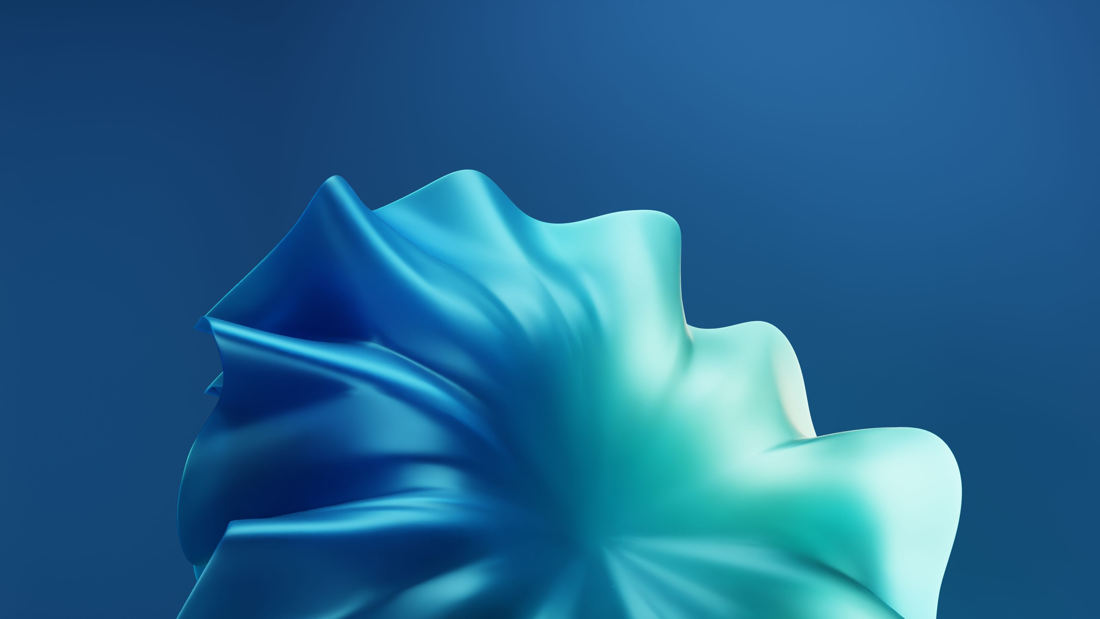 Abstract depiction of a blue and green fabric shape on a gradient background.