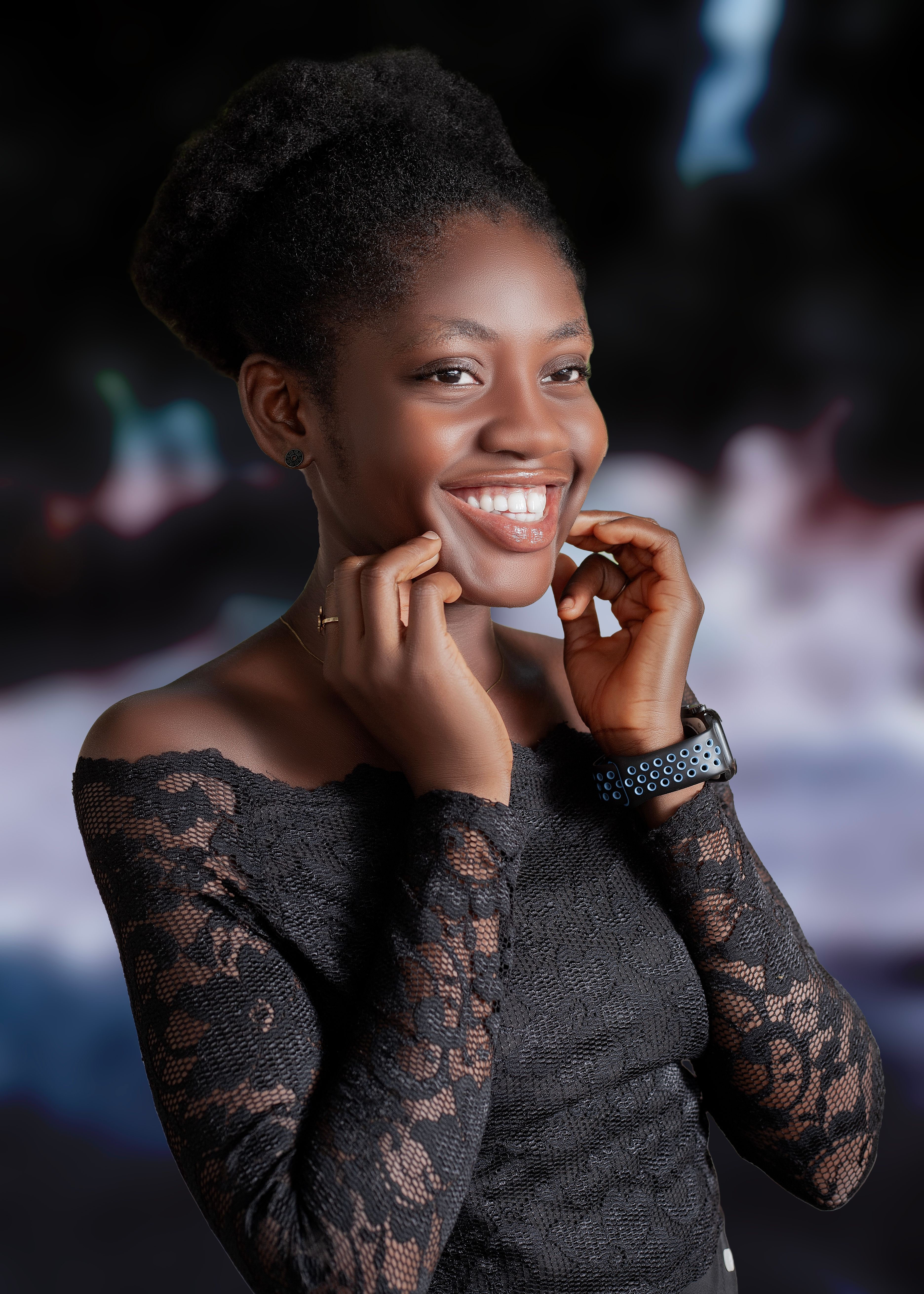 Smiling Woman in Black Lace Dress Portrait · Free Stock Photo