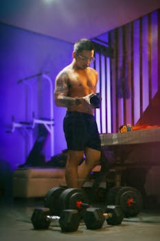 Young man working out in home gym with neon purple lighting, surrounded by dumbbells.