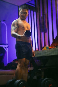 A man focuses intensely while lifting a dumbbell indoors, showcasing strength and fitness.