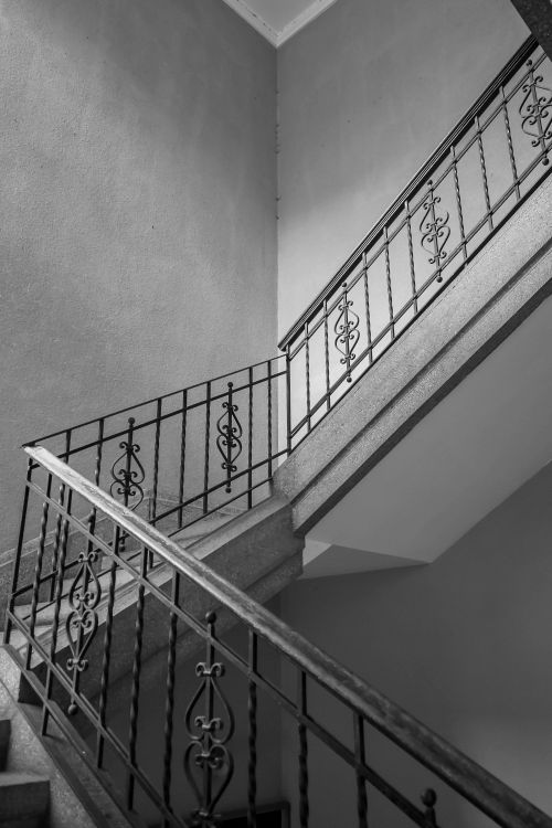 Free Elegant black and white staircase featuring geometric patterns in a modern minimalist design. Stock Photo