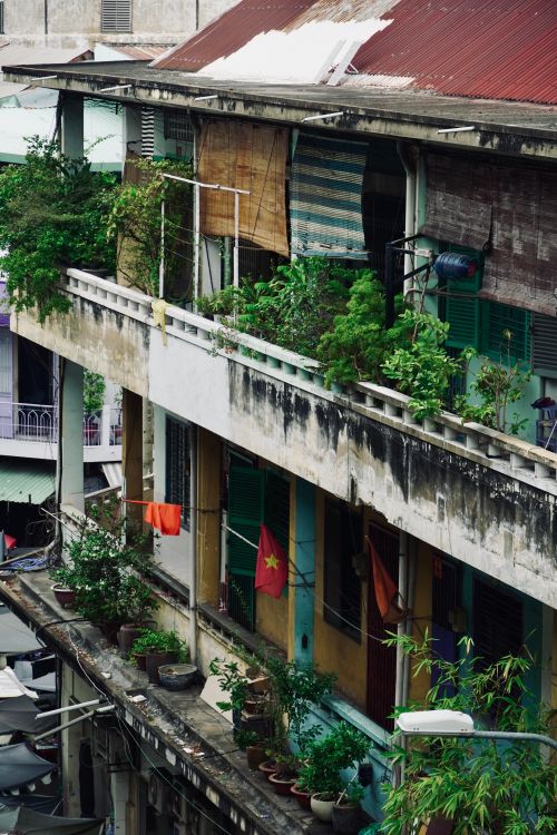 Free A charming urban balcony adorned with lush plants and flags in a rustic setting. Stock Photo