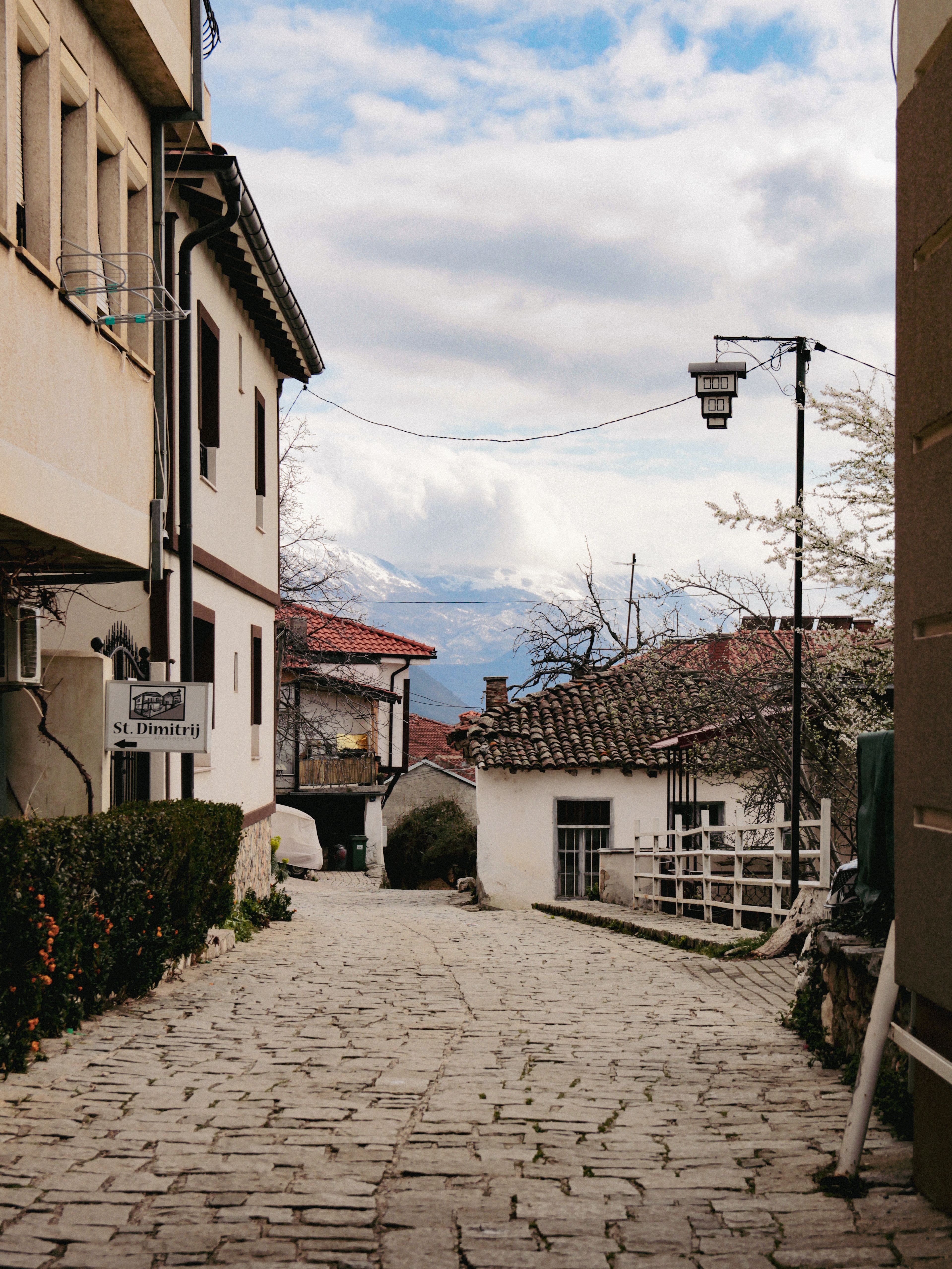 Scenic view of a narrow cobblestone street lined with quaint buildings in a European village.