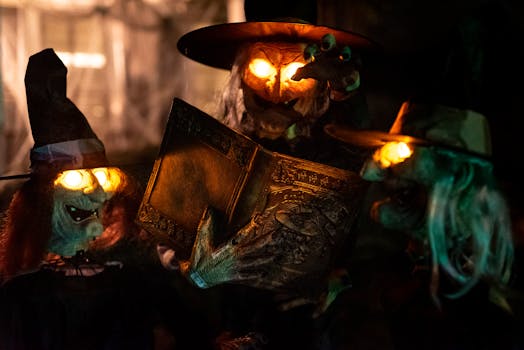 Halloween decorations featuring glowing witch figures and an eerie book in Atlanta, Georgia.