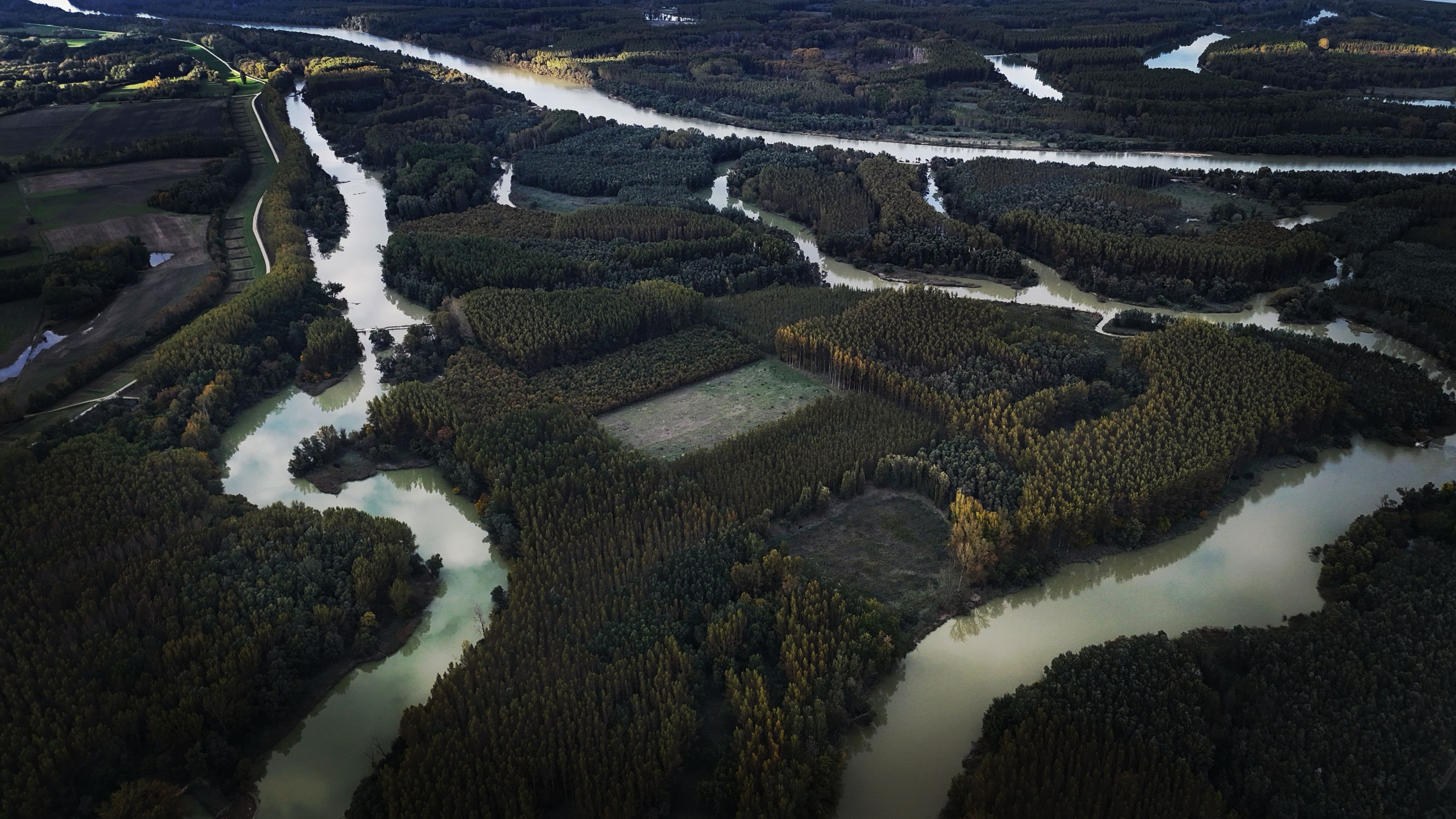 A captivating aerial view showcases the meandering river cutting through a lush green forest landscape.