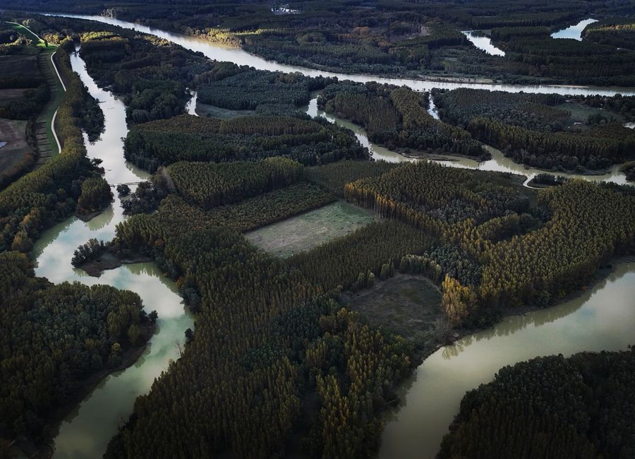 A captivating aerial view showcases the meandering river cutting through a lush green forest landscape.