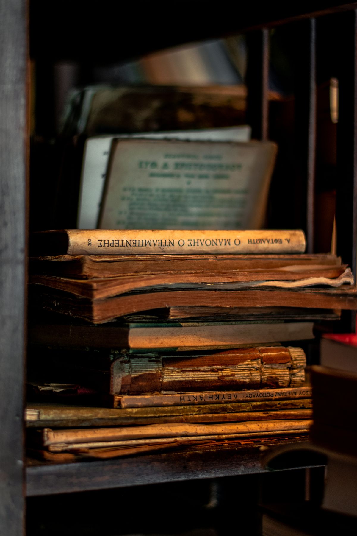 Old books and manuscripts on a dark wooden shelf