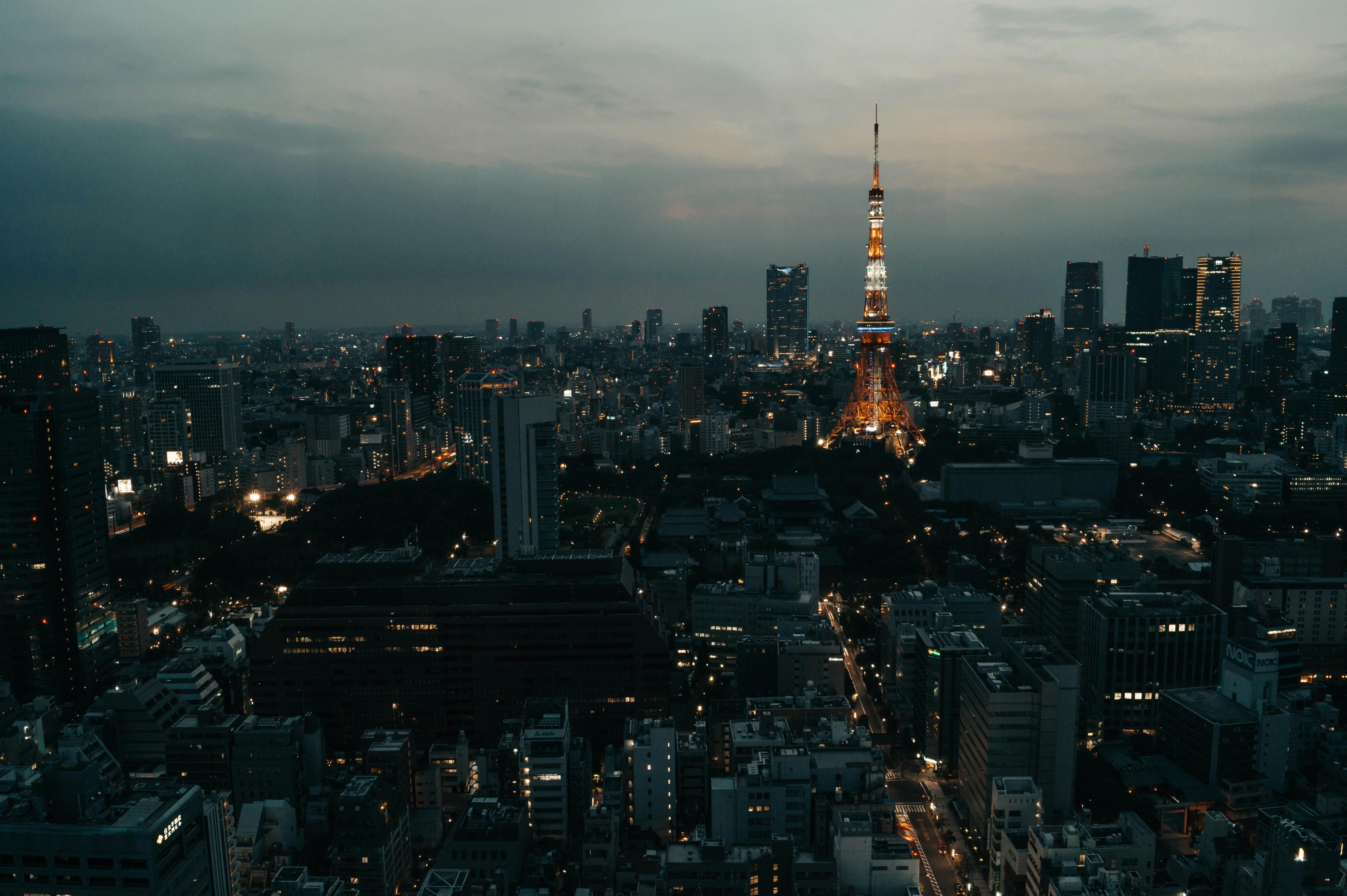 A breathtaking twilight view of Tokyo's skyline featuring the illuminated Tokyo Tower, showcasing city lights.