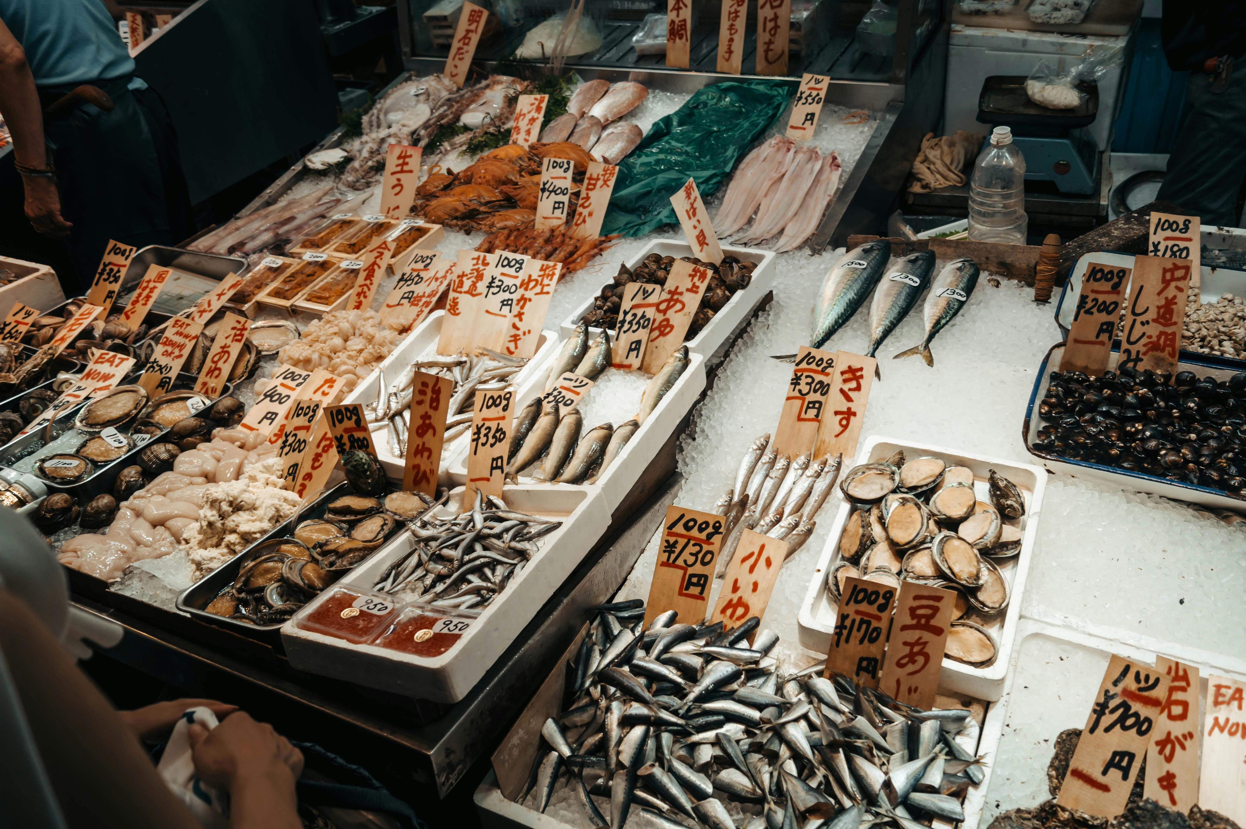 Explore a lively display of fresh seafood at a bustling market in Kyōto, Japan.