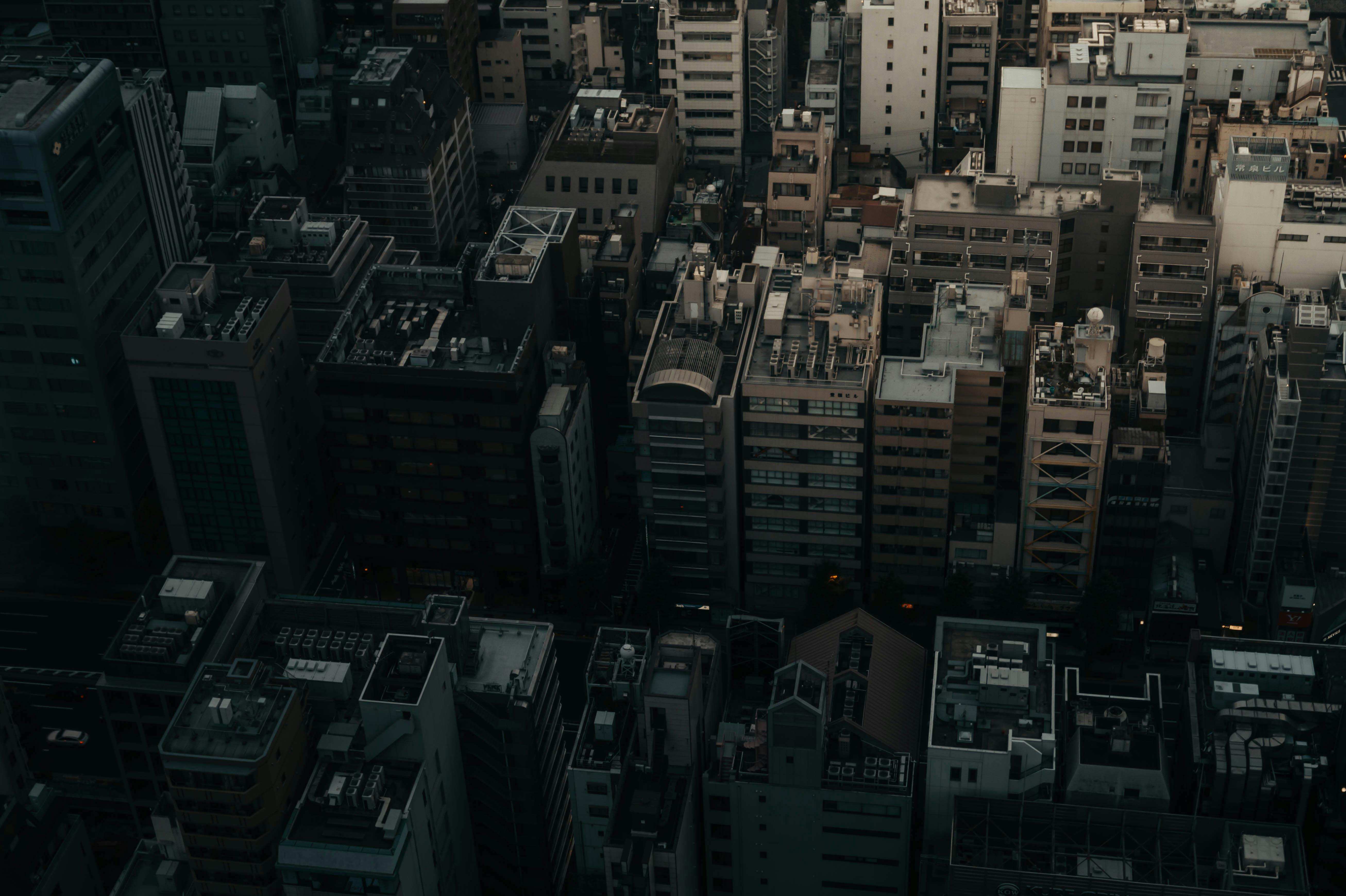 Top-down view of densely packed Tokyo buildings under dim evening light.