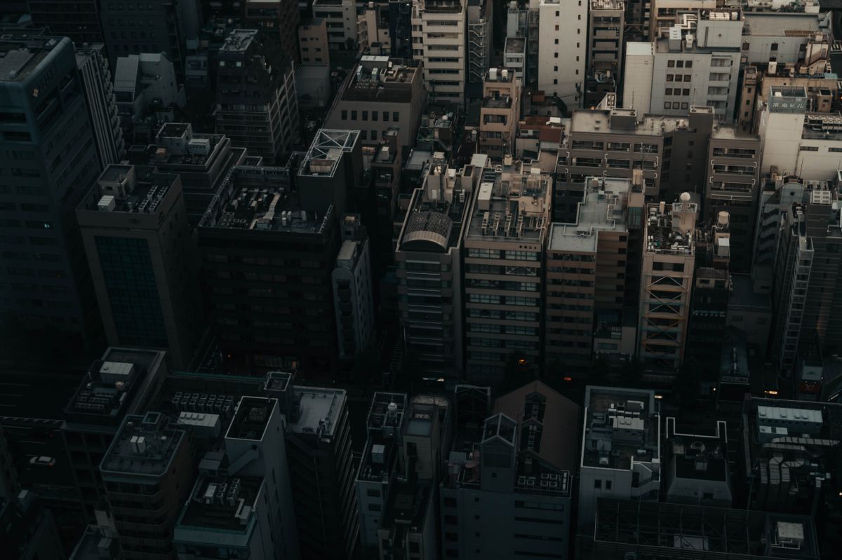 Top-down view of densely packed Tokyo buildings under evening light
