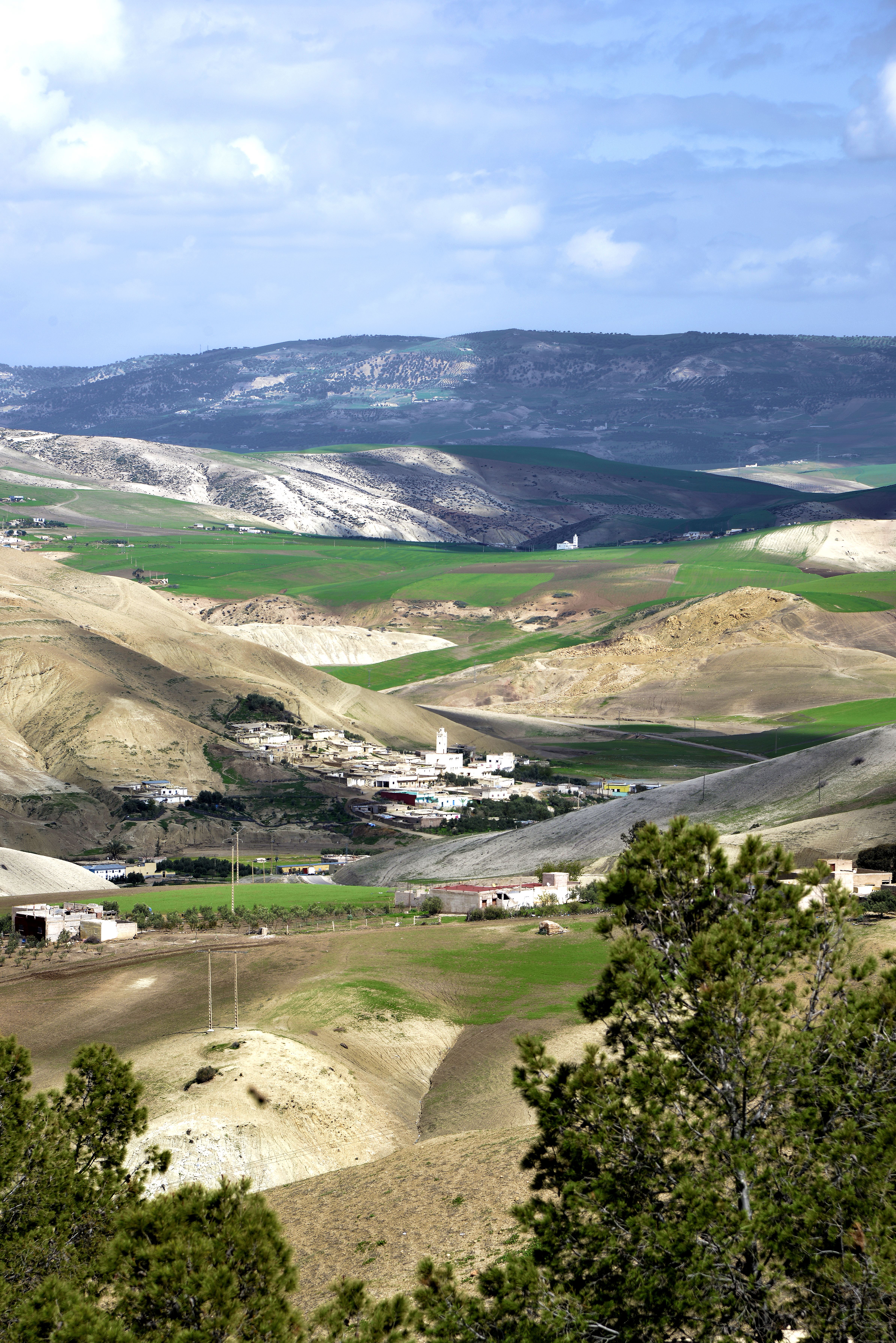 A picturesque landscape of rolling hills near Moulay Yaâcoub, Morocco.