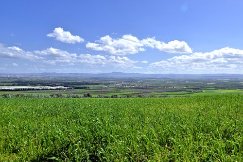 Free A vast landscape of lush fields under a vibrant blue sky in Moulay Yaâcoub, Morocco. Stock Photo