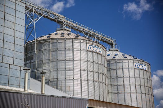 Industrial grain silos in Paragominas, Brazil under a clear blue sky.
