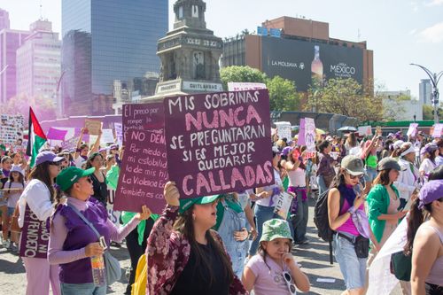 Free Protesters advocating for women's rights in Mexico City with signs and banners. Stock Photo
