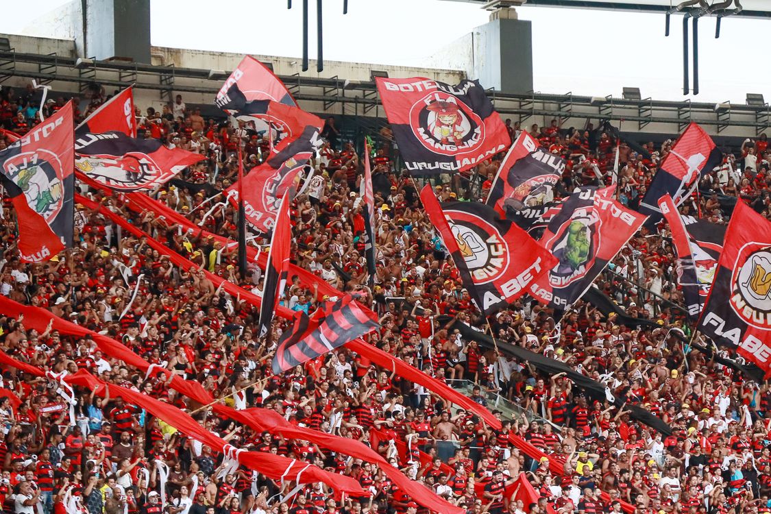 Free A lively crowd of Flamengo supporters waving flags at Maracanã Stadium in Rio de Janeiro. Stock Photo