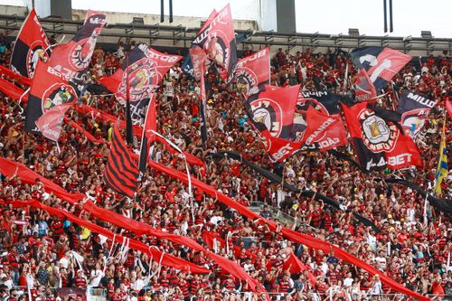 Free Fans passionately cheer with flags at a football match in Maracanã Stadium, Rio de Janeiro. Stock Photo