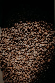 Close-up of dark roasted coffee beans in a high contrast lighting.