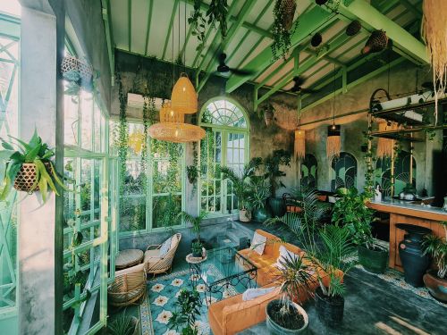 Free A beautifully decorated cafe in Bali, Indonesia, featuring lush greenery and vintage style. Stock Photo