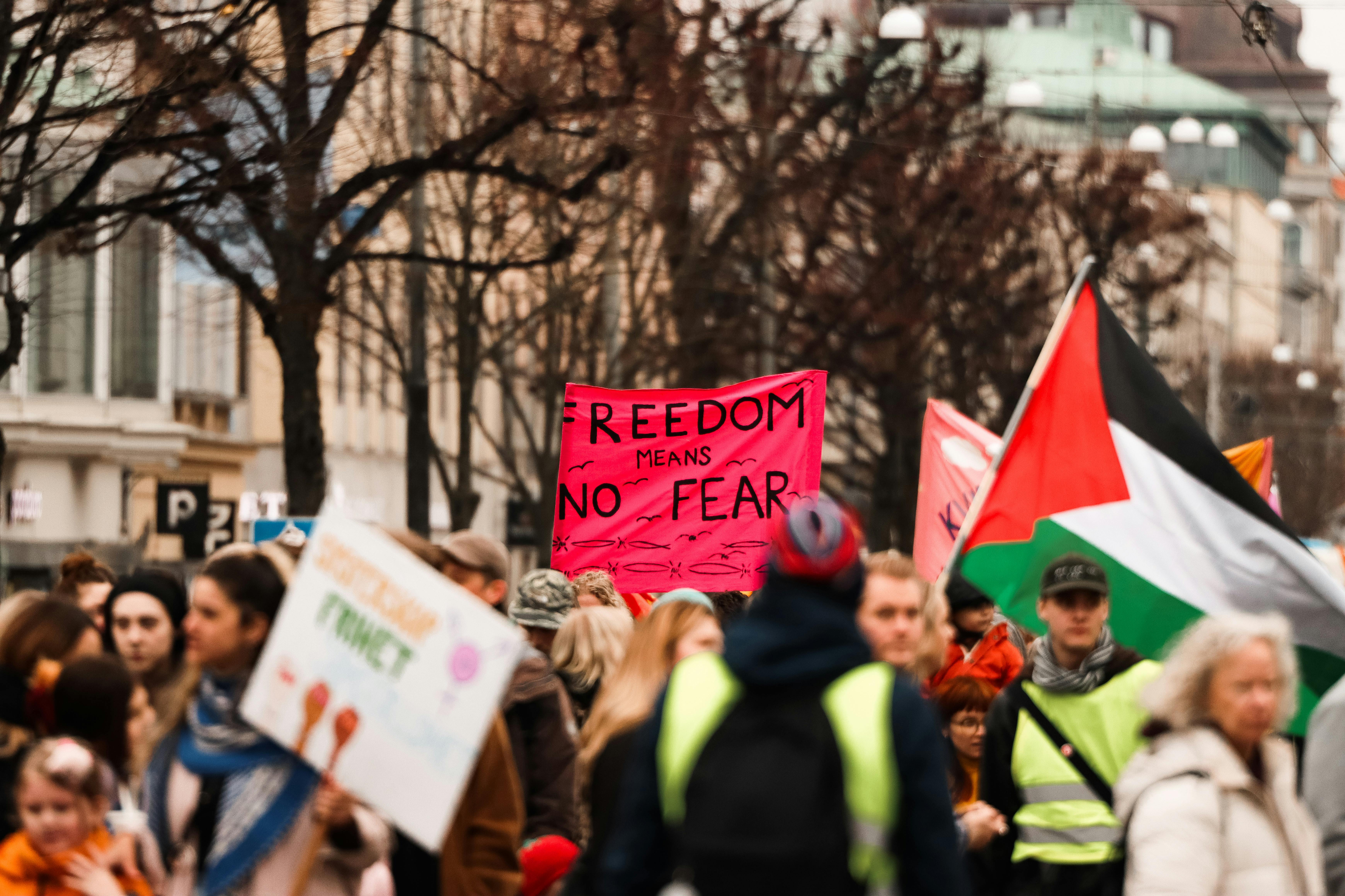 A protest scene in Gothenburg with people holding signs for freedom and peace.